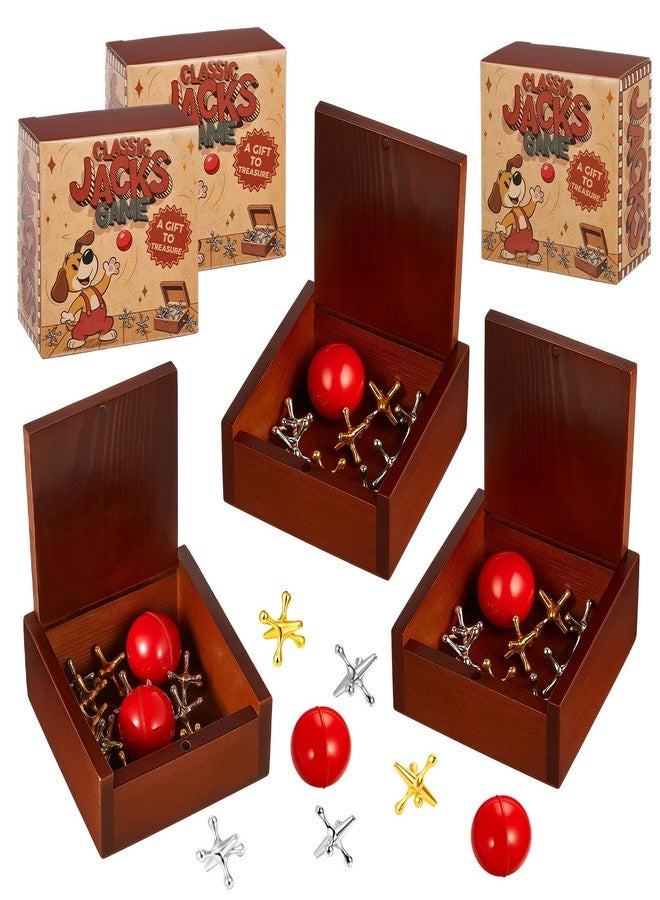Gejoy 3 Packs Metal Jacks Set with 36 Metal Jacks and 6 Red Rubber Balls in Wooden Box Retro Jackstones Game for Adults Christmas End of Year Family Gatherings Gifts Birthday Party Favors - Image 1